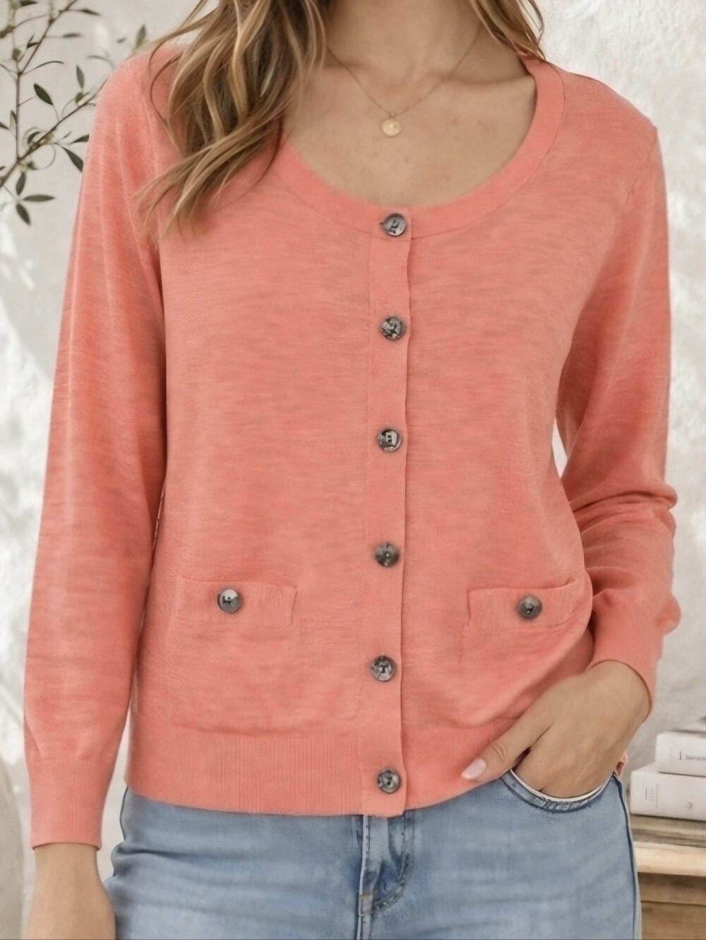Banana Republic Coral Cardigan Lightweight Knit Button Front Pocket Sweater Sz L